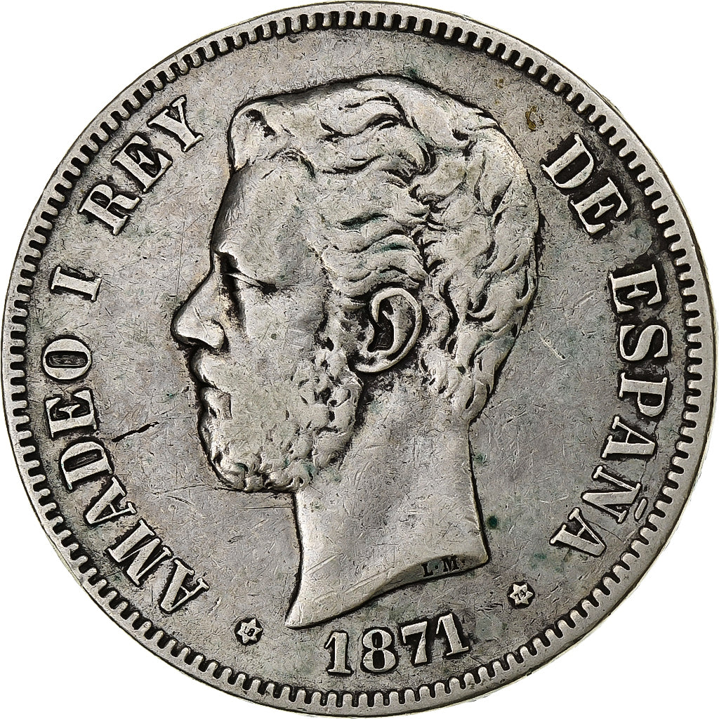 Spagna, Amadeao I, 5 Pesetas, 1871 (74), Madrid, Argento, MB+, KM:666
