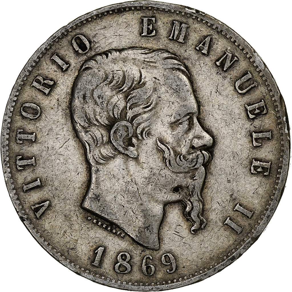 Italie, Vittorio Emanuele II, 5 Lire, 1869, Milan, Argent, TB, KM:8.3