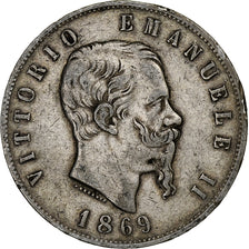 Italie, Vittorio Emanuele II, 5 Lire, 1869, Milan, Argent, TB, KM:8.3