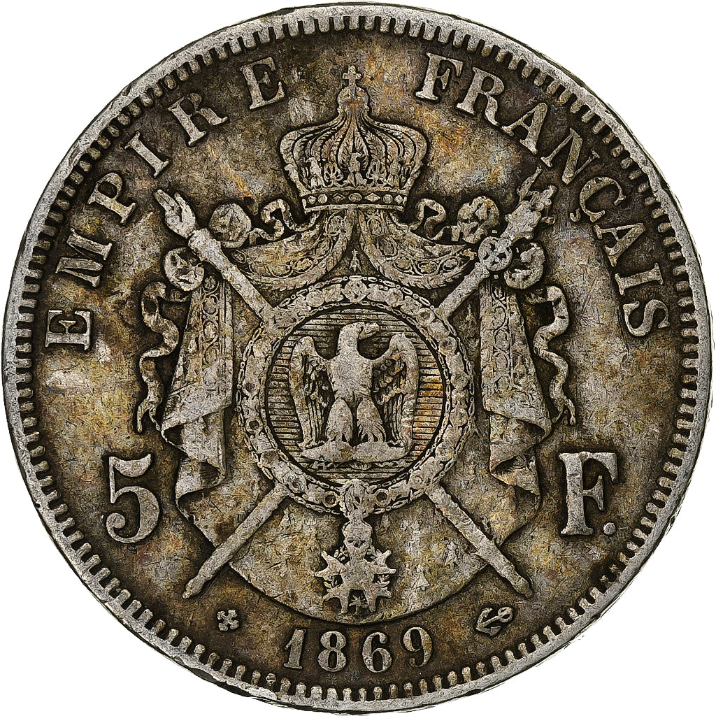 France, 5 Francs, Napoléon III, 1869, Strasbourg, Argent, TB+, Gadoury:739