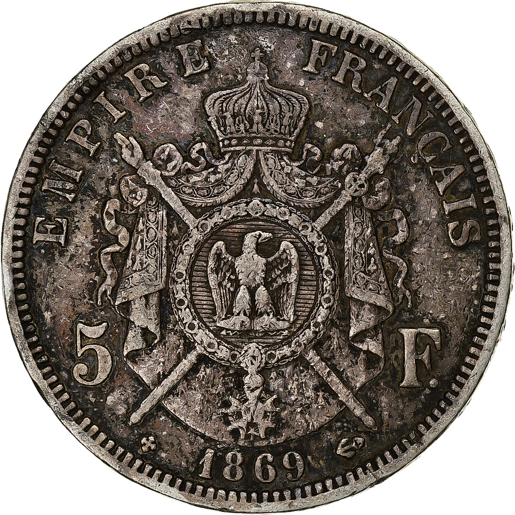 France, 5 Francs, Napoléon III, 1869, Strasbourg, Silver, VF(30-35)