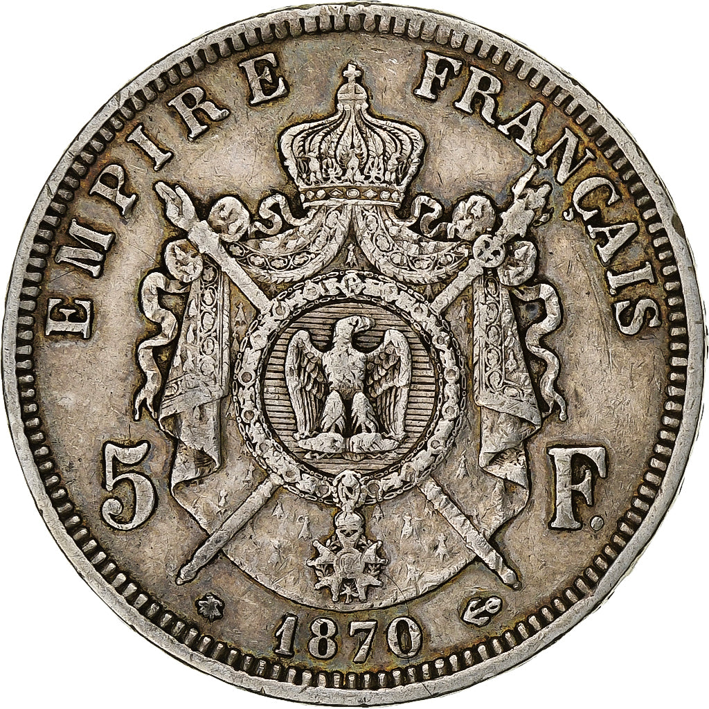 França, 5 Francs, Napoléon III, 1870, Paris, Prata, VF(30-35), Gadoury:739