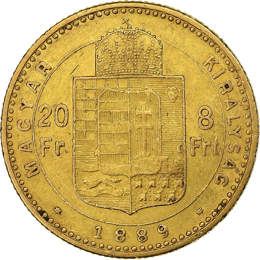 Hongarije, Franz Joseph I, 8 Forint 20 Francs, 1889, Kormoczbanya, Goud, ZF+