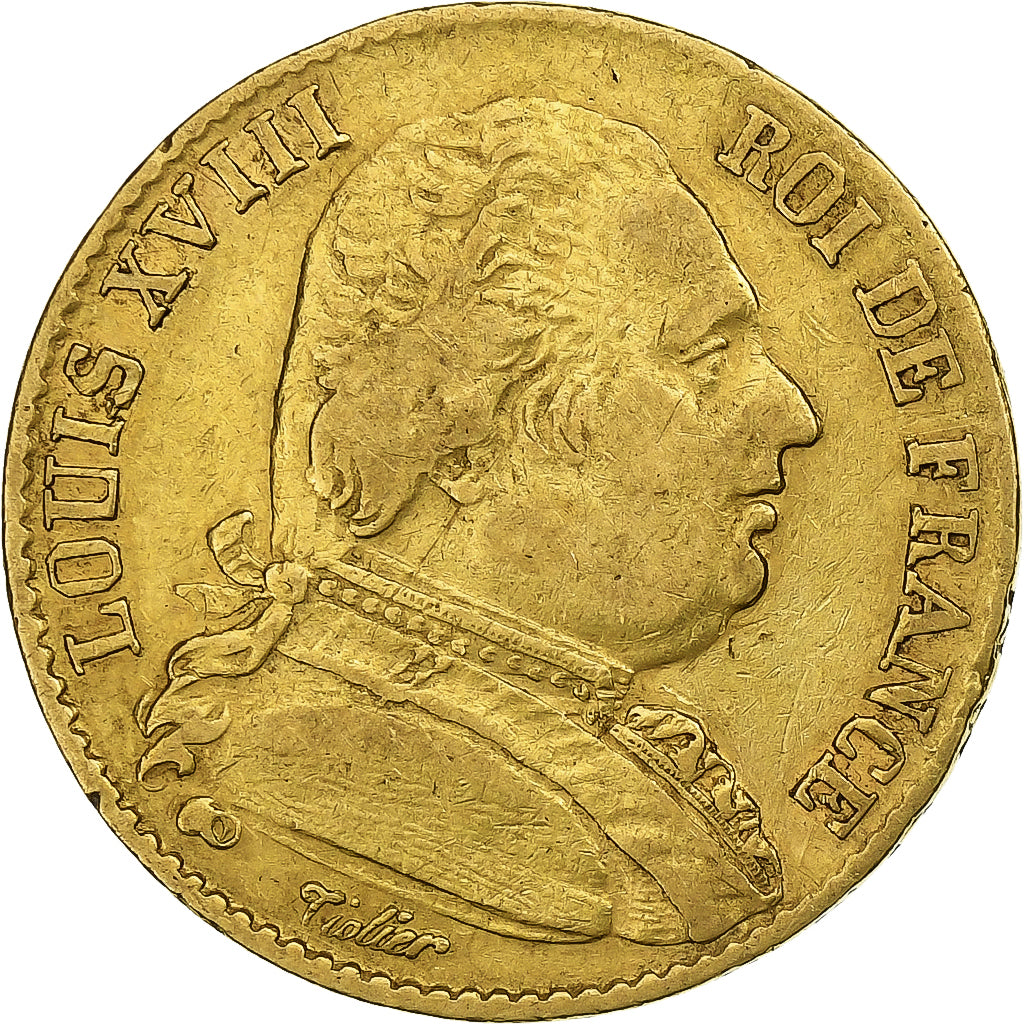 Francja, 20 Francs, Louis XVIII, 1814, Paris, Złoto, VF(30-35), Gadoury:1026