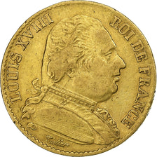 Francja, 20 Francs, Louis XVIII, 1814, Paris, Złoto, VF(30-35), Gadoury:1026