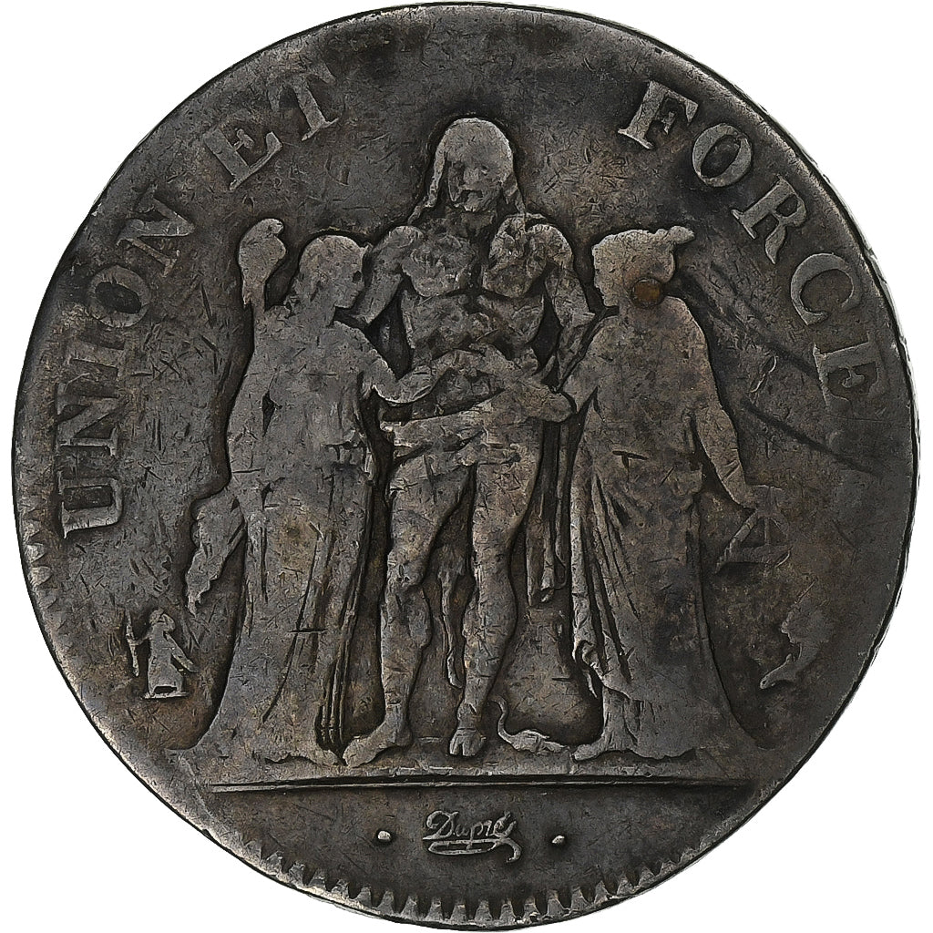 France, 5 Francs, Union et Force, AN 4, Paris, Silver, VG(8-10), Gadoury:563