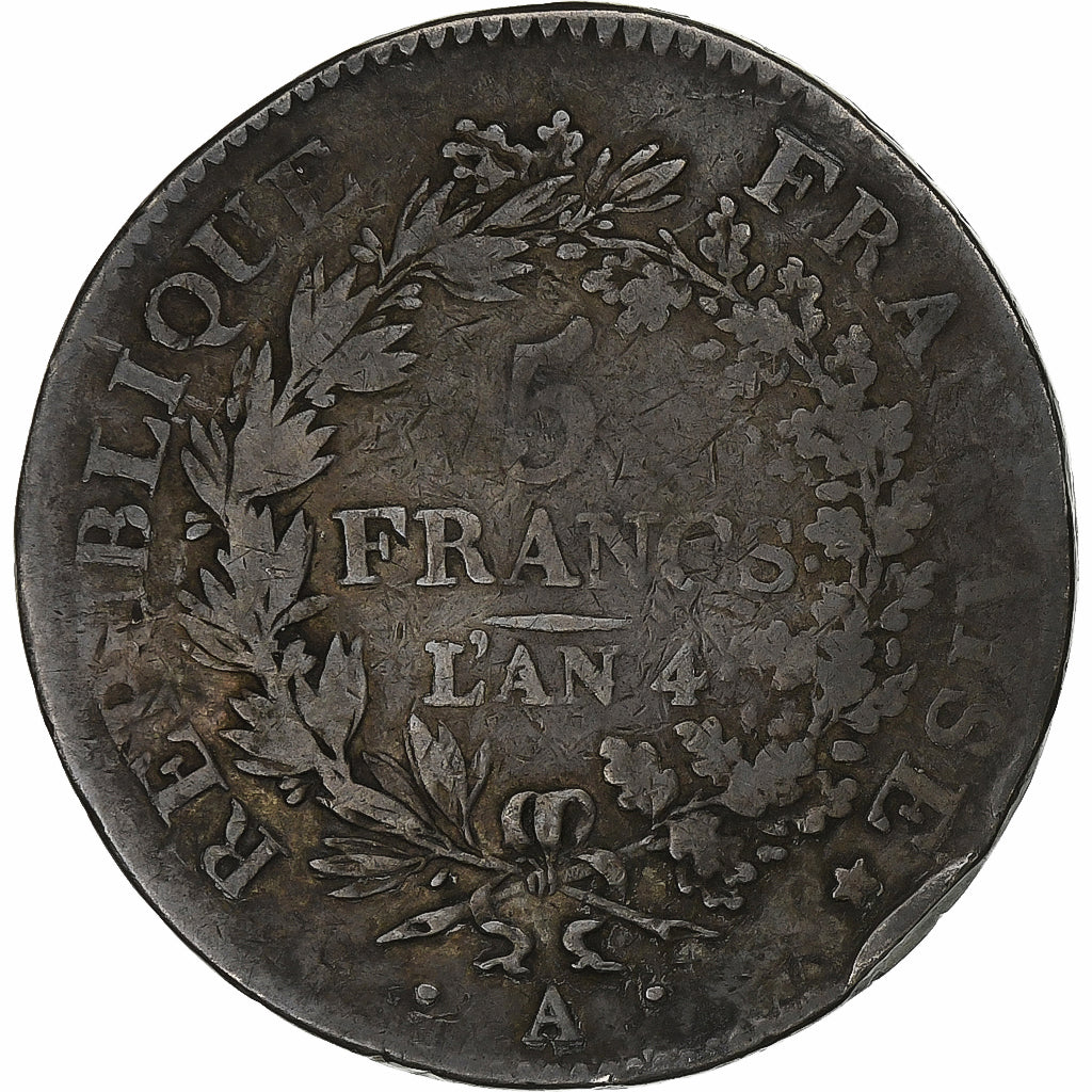 France, 5 Francs, Union et Force, AN 4, Paris, Silver, VG(8-10), Gadoury:563