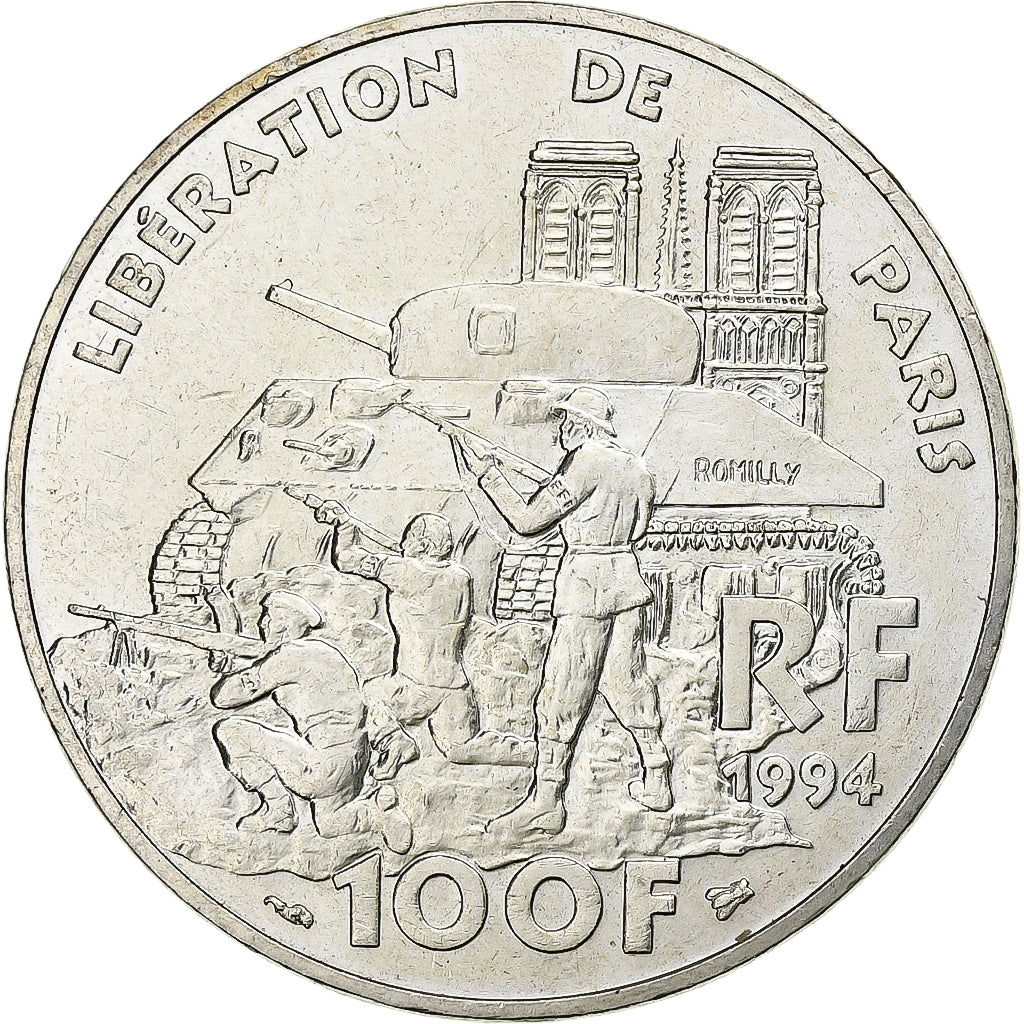 France, 100 Francs, Libération de Paris, 1994, Silver, MS(60-62), Gadoury:935