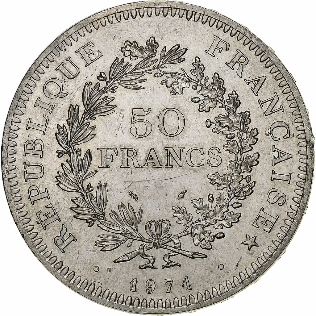 França, 50 Francs, Hercule, 1974, Emissão híbrida, Prata, AU(55-58)