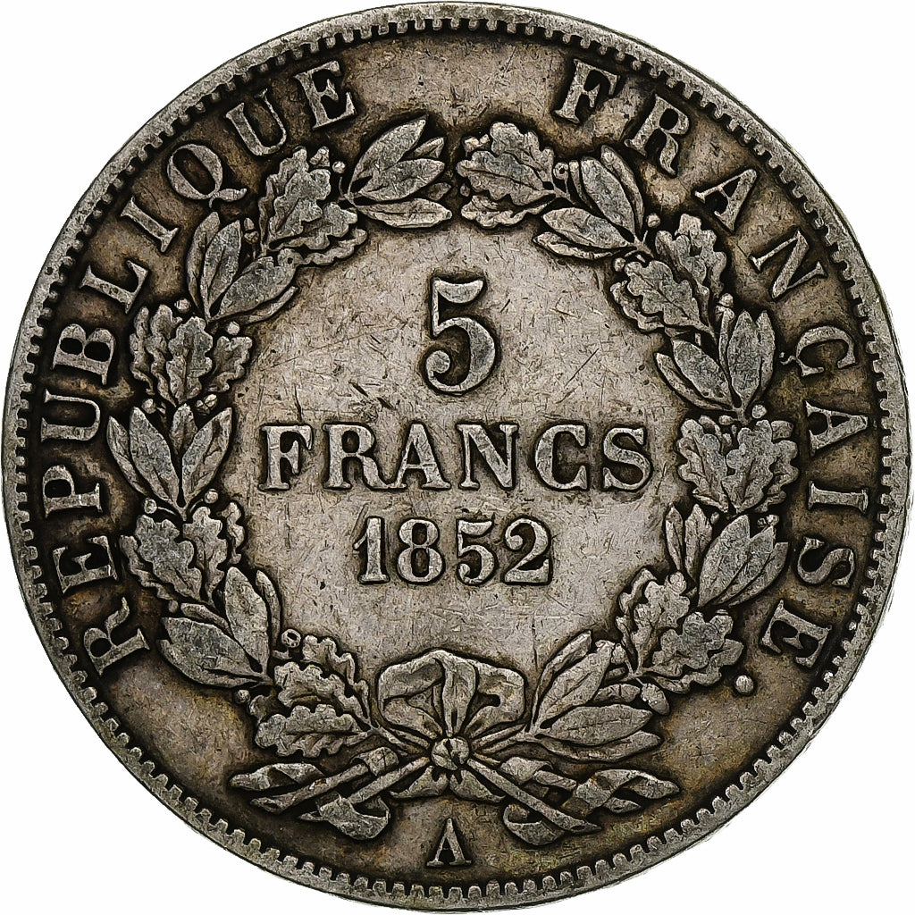 Francia, Louis-Napoléon Bonaparte, 5 Francs, 1852, Paris, Plata, BC+