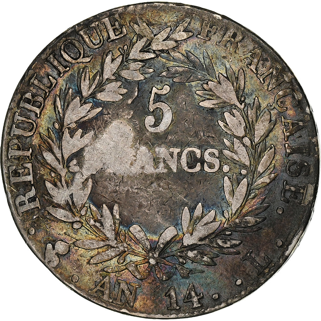 Francja, 5 Francs, Napoléon I, AN 14, Bayonne, Srebro, F(12-15), Gadoury:580