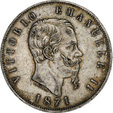 Itália, Vittorio Emanuele II, 5 Lire, 1871, Milan, Prata, EF(40-45), KM:8.3