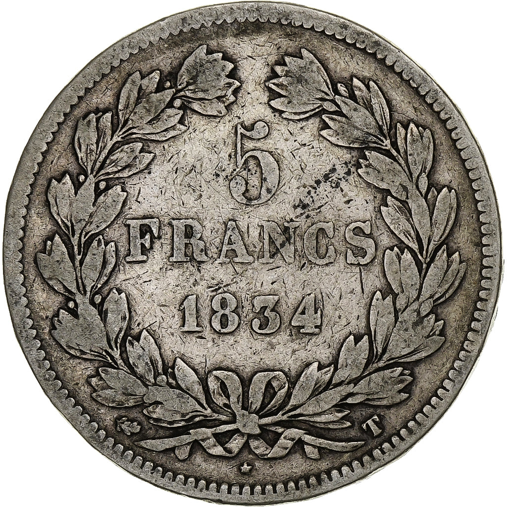 Francia, 5 Francs, Louis-Philippe, 1834, Nantes, Plata, BC+, Gadoury:678