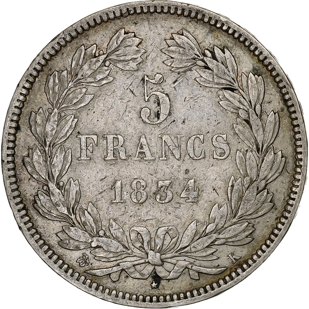 França, 5 Francs, Louis-Philippe, 1834, Bordeaux, Prata, VF(30-35)
