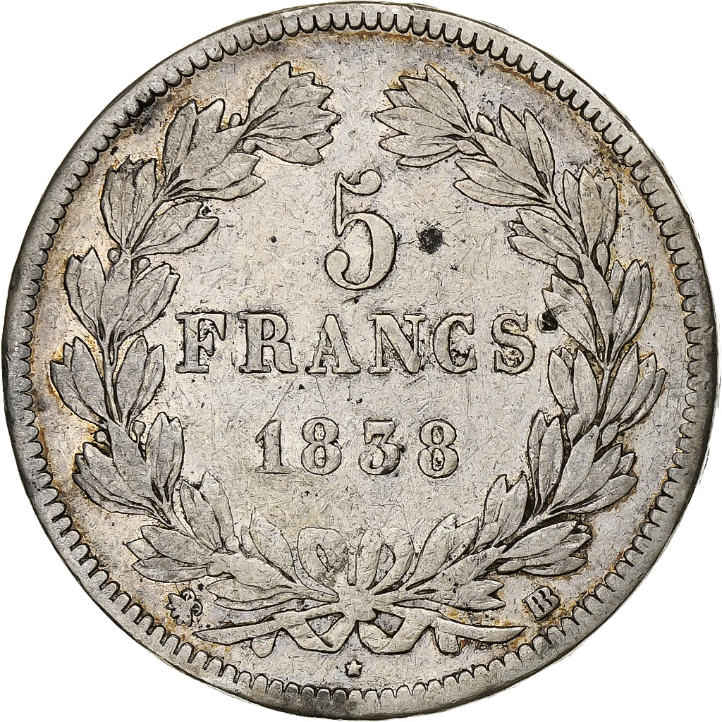 Francia, 5 Francs, Louis-Philippe, 1838, Strasbourg, Argento, MB+, Gadoury:678