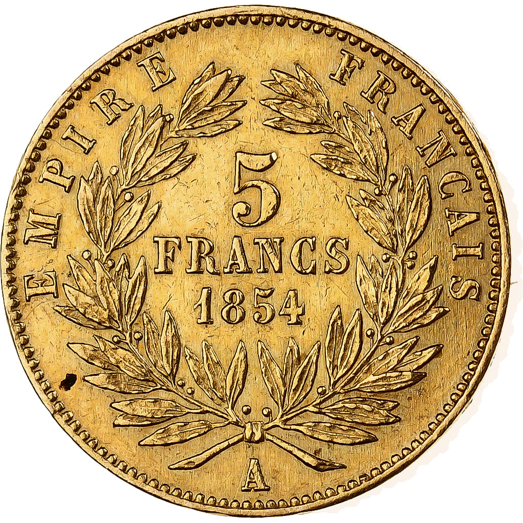 França, Napoleon III, 5 Francs, 1854, Paris, Pequeno módulo, Dourado