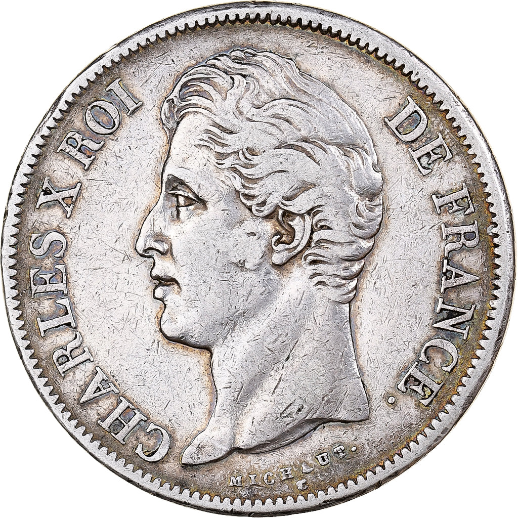 França, 5 Francs, Charles X, 1827, Lille, Prata, VF(30-35), Gadoury:644