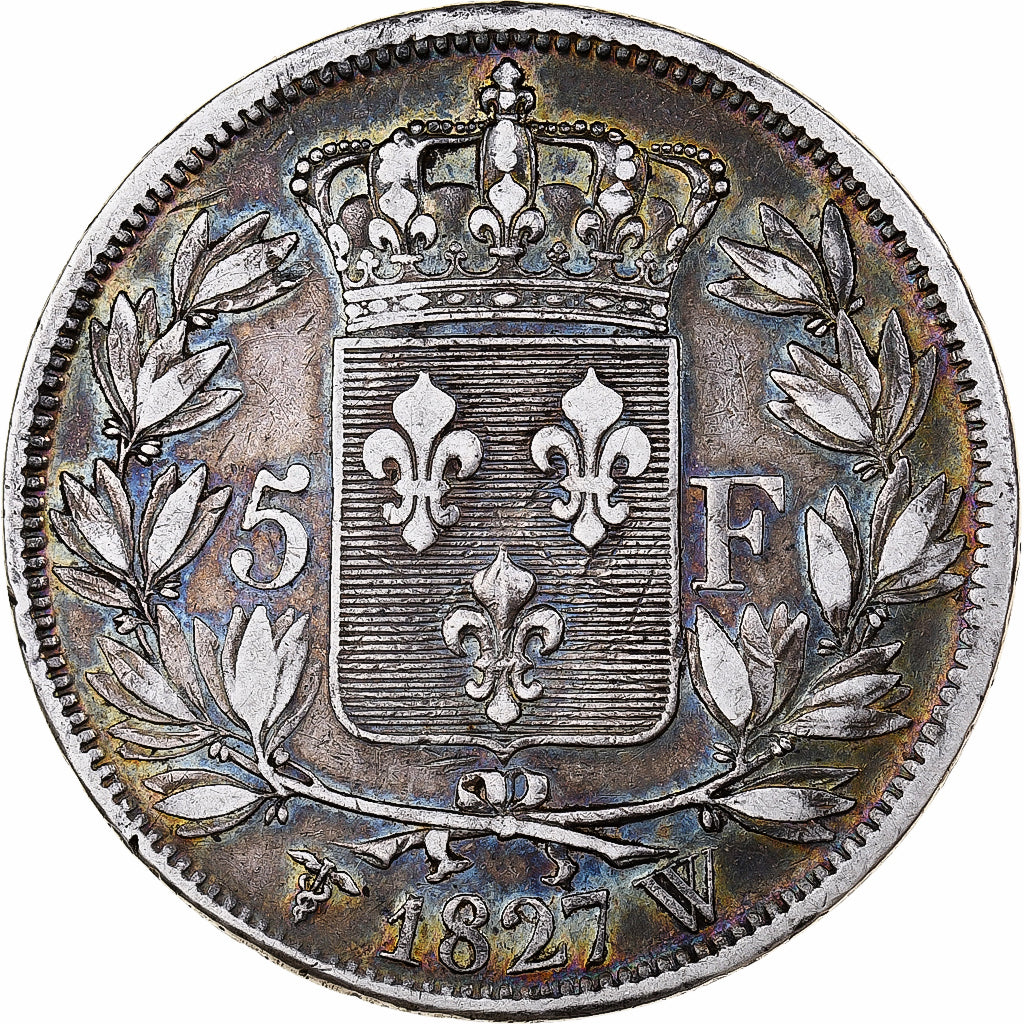 França, 5 Francs, Charles X, 1827, Lille, Prata, VF(30-35), Gadoury:644