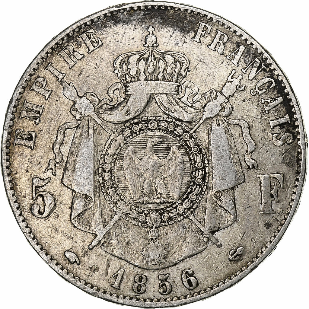 França, Napoleon III, 5 Francs, 1856, Paris, Prata, VF(20-25), Gadoury:734