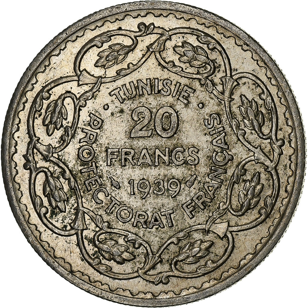 Tunisia, Ahmad Pasha Bey, 20 Francs, 1939, Paris, Srebro, AU(50-53)