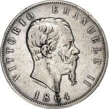 Italy, Vittorio Emanuele II, 5 Lire, 1864, Naples, Silver, VF(20-25), KM:8.2