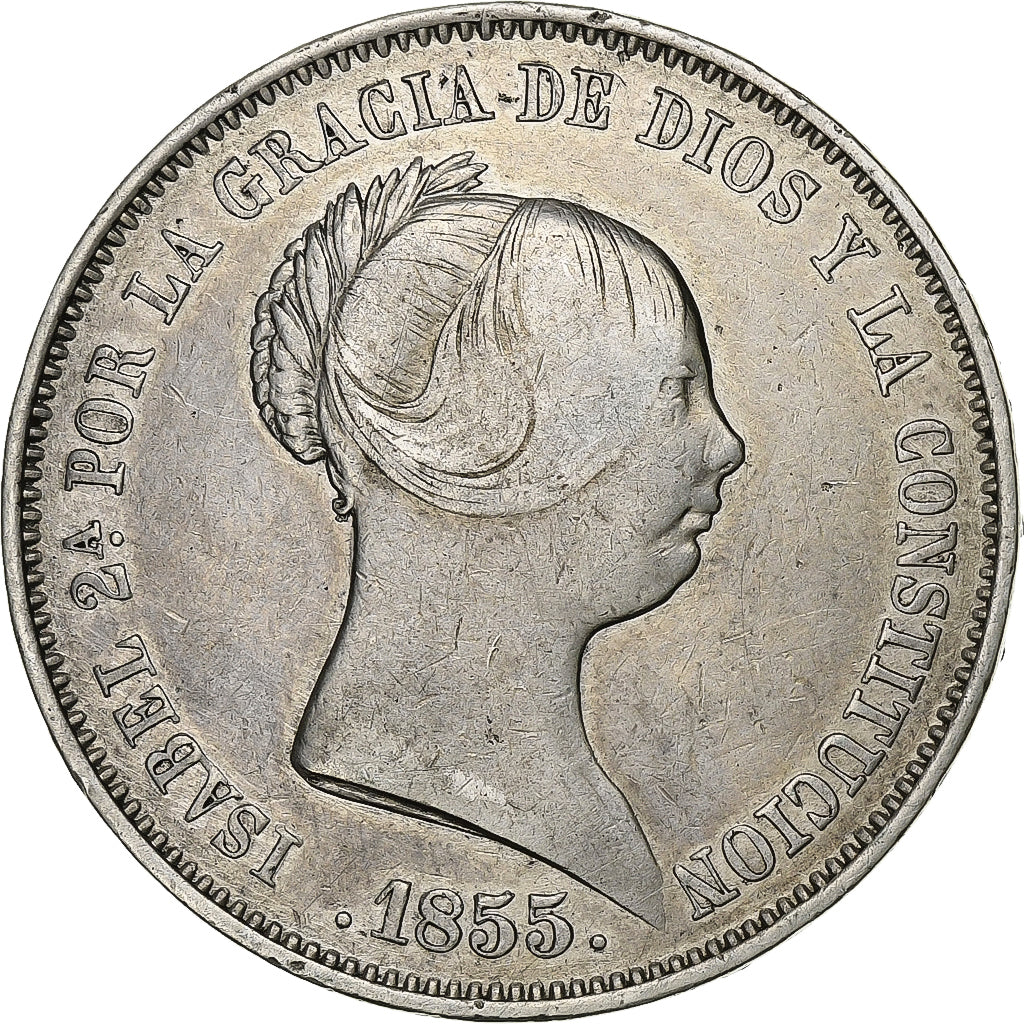 Spain, Isabel II, 20 Réales, 1855, Sevilla, Silver, VF(20-25), KM:593.3