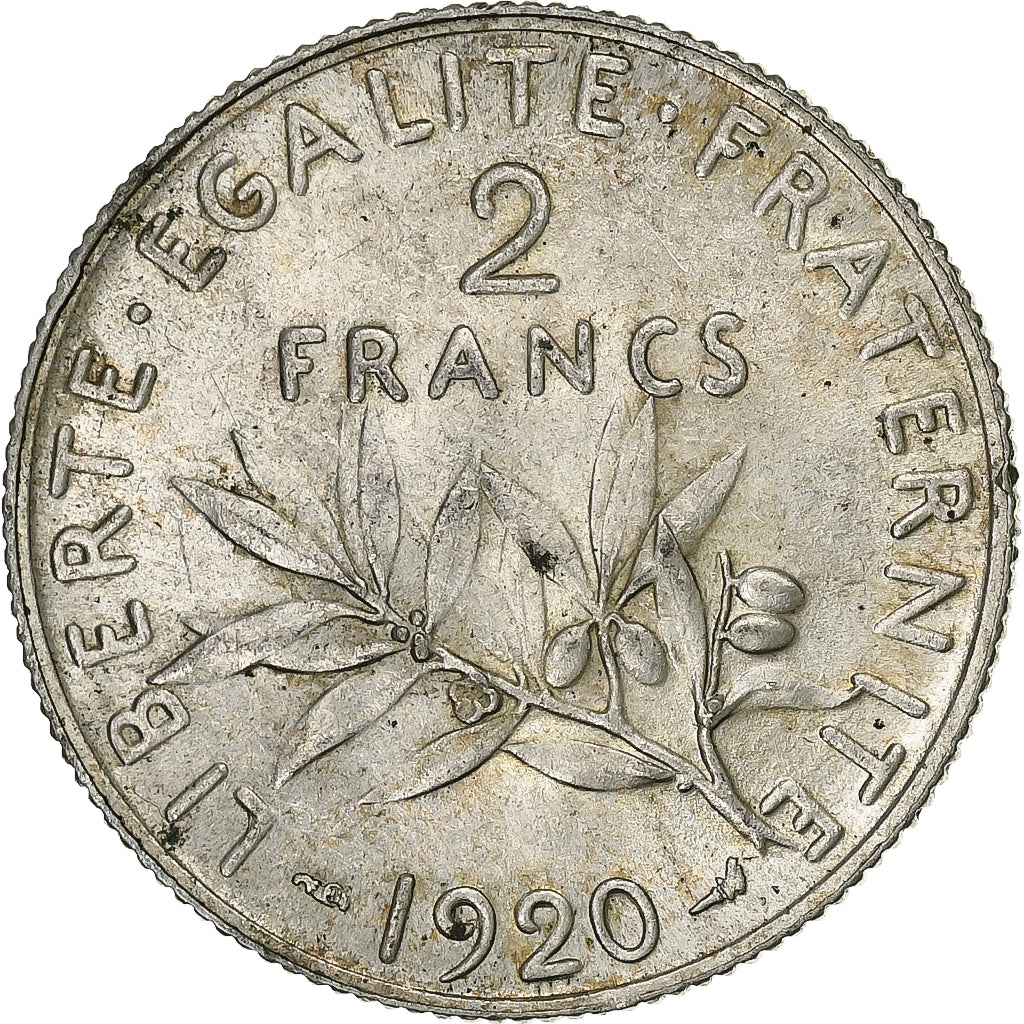 Frankrijk, 2 Francs, Semeuse, 1920, Paris, Zilver, PR+, Gadoury:532, KM:845.1