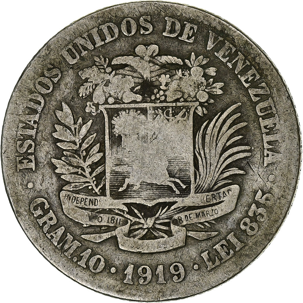 Venezuela, Gram 10, 2 Bolivares, 1919, Zilver, ZG+, KM:23