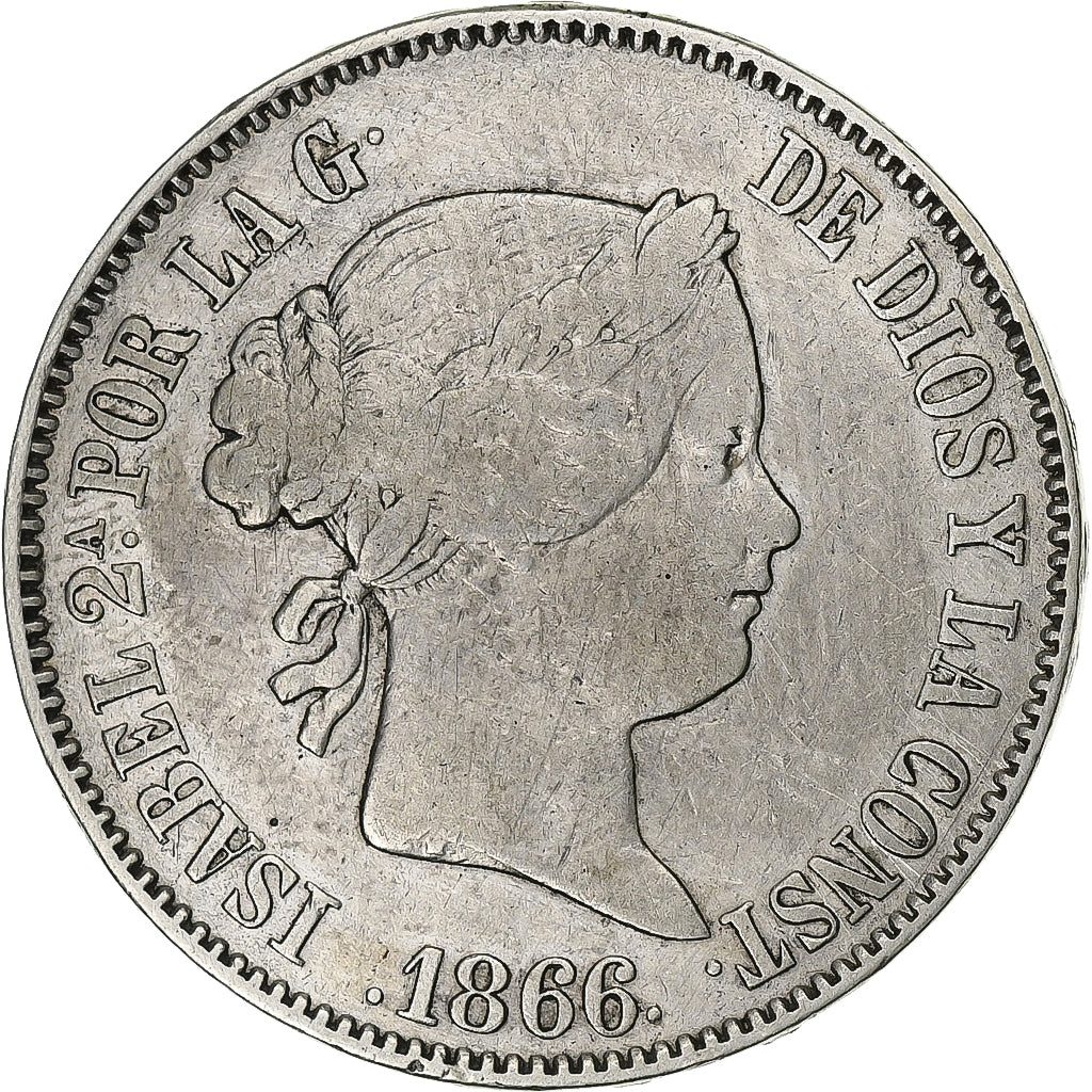 España, Isabel II, Escudo, 1866, Madrid, Plata, BC+, KM:626.1