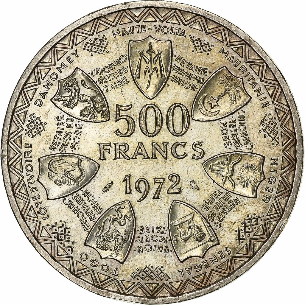 Estados del África Occidental, 500 Francs, 1972, Plata, EBC+, KM:7