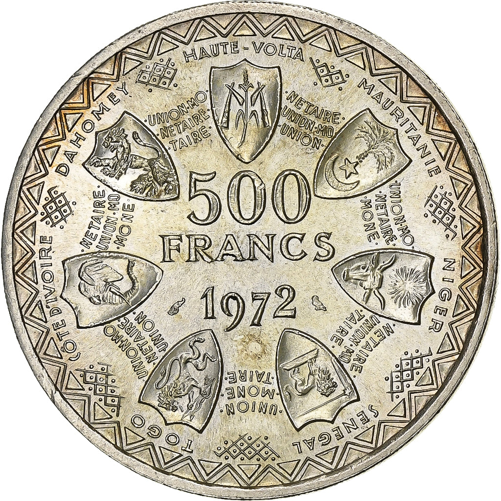 West African States, 500 Francs, 1972, Silver, MS(63), KM:7