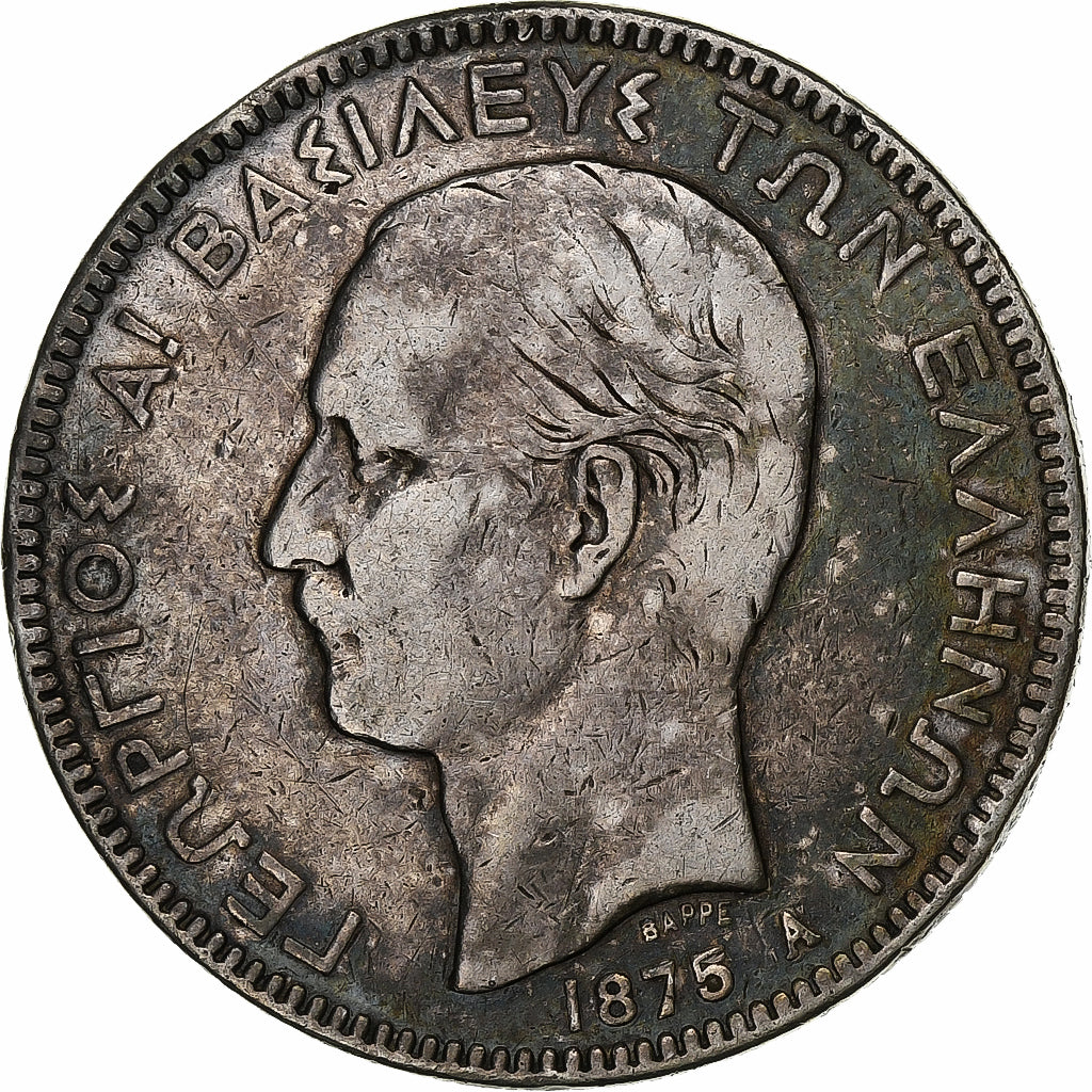 Greece, George I, 5 Drachmai, 1875, Paris, Silver, VF(30-35), KM:46