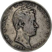 ITALIAN STATES, SARDINIA, Carlo Alberto, 5 Lire, 1844, Genoa, Silver, VF(20-25)
