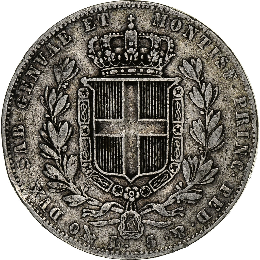 ITALIAN STATES, SARDINIA, Carlo Alberto, 5 Lire, 1844, Genoa, Silver, VF(20-25)