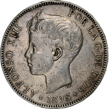 España, Alfonso XIII, 5 Pesetas, 1898, Madrid, Plata, BC+, KM:707