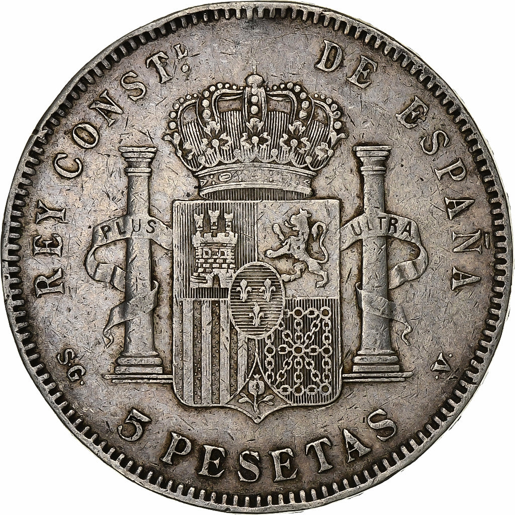 España, Alfonso XIII, 5 Pesetas, 1898, Madrid, Plata, BC+, KM:707