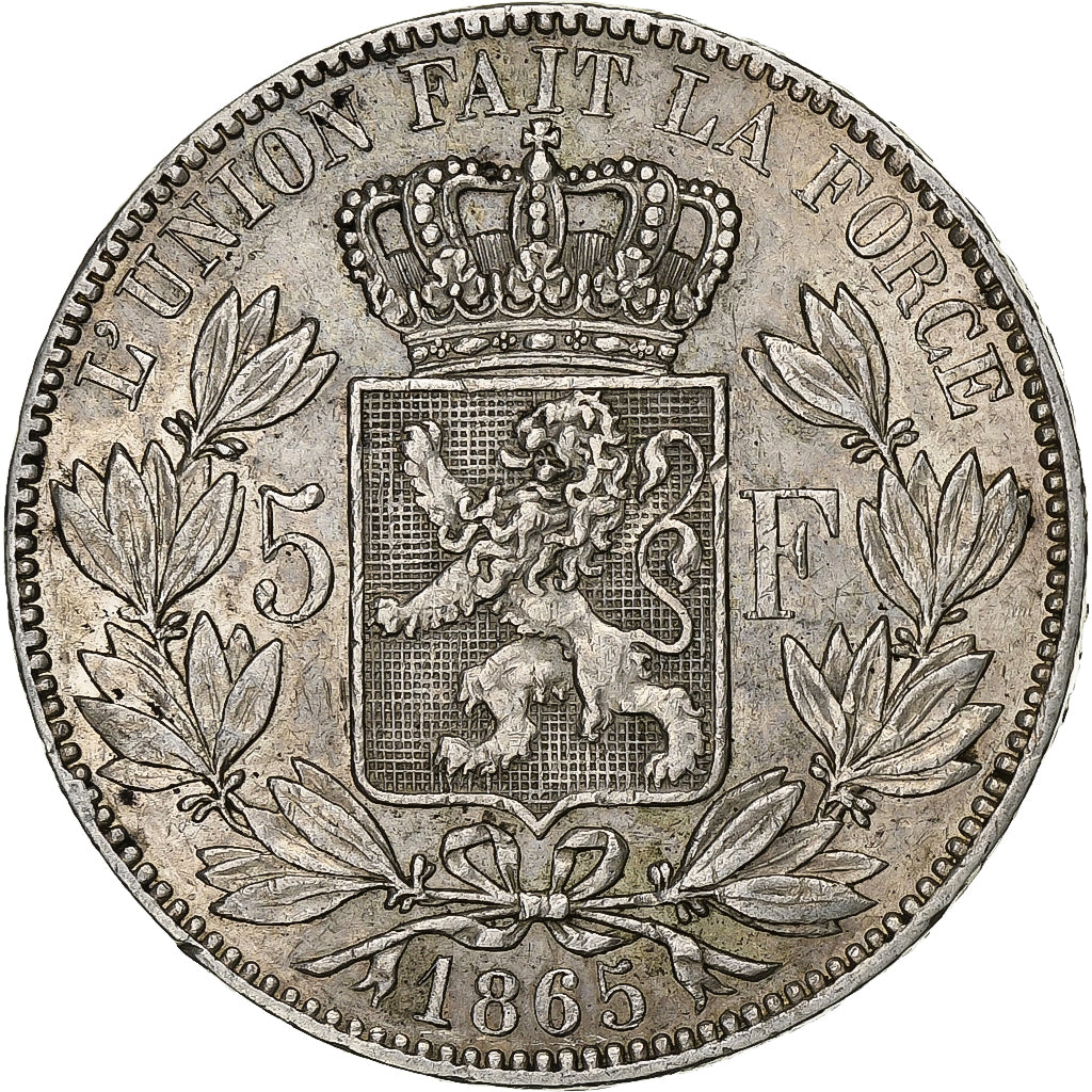 Belgio, Leopold I, 5 Francs, 5 Frank, 1865, Brussels, Argento, BB+, KM:17