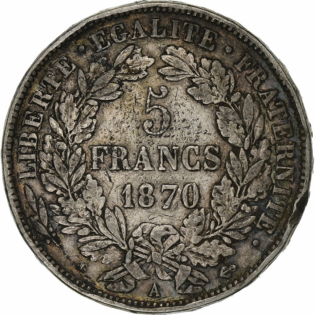 Francia, 5 Francs, Cérès, 1870, Paris, Argento, MB, Gadoury:743, Le