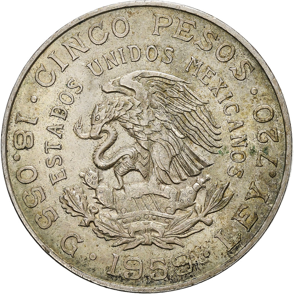 Mexico, 5 Pesos, 1959, Mexico City, Silver, AU(55-58), KM:471