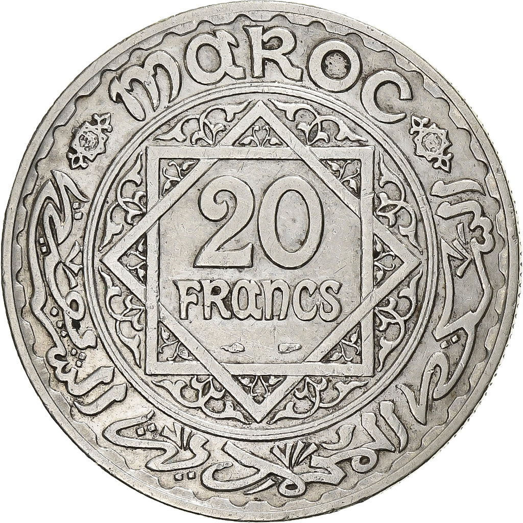 Marrocos, Mohammed V, 20 Francs, 1347, Paris, Prata, EF(40-45), KM:39