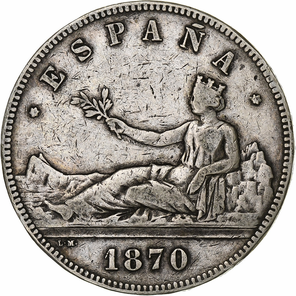 Spanje, Provisional Government, 5 Pesetas, 1870, Zilver, FR, KM:655