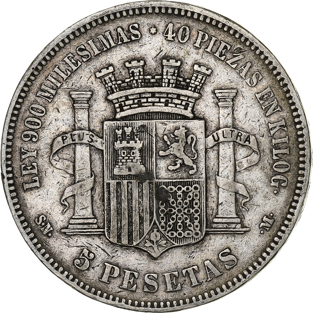 Spanje, Provisional Government, 5 Pesetas, 1870, Zilver, FR, KM:655