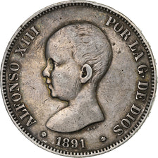 Spain, Alfonso XIII, 5 Pesetas, 1891, Silver, VF(30-35), KM:689