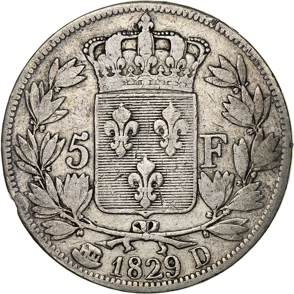 France, 5 Francs, Charles X, 1829, Lyon, Silver, VF(20-25), Gadoury:644