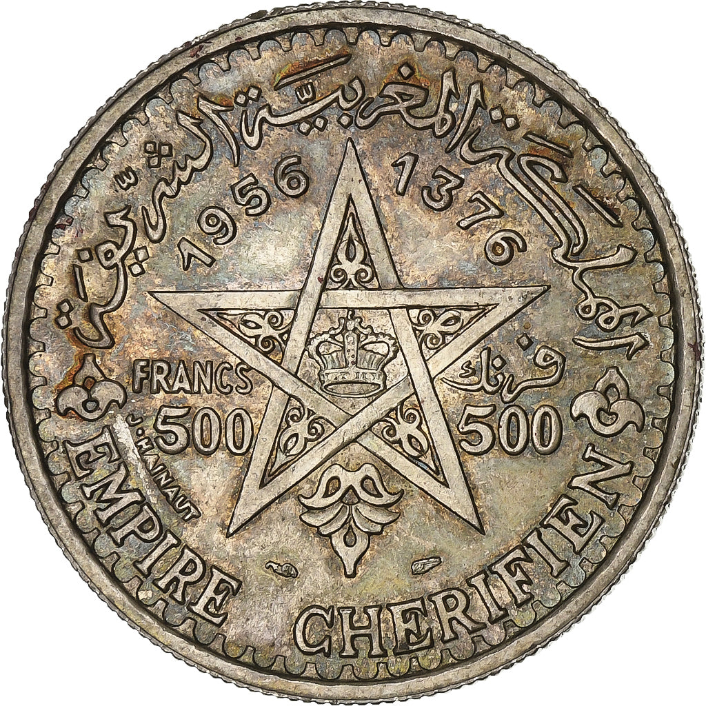 Morocco, Mohammed V, 500 Francs, 1956, Paris, Silver, MS(60-62), KM:54