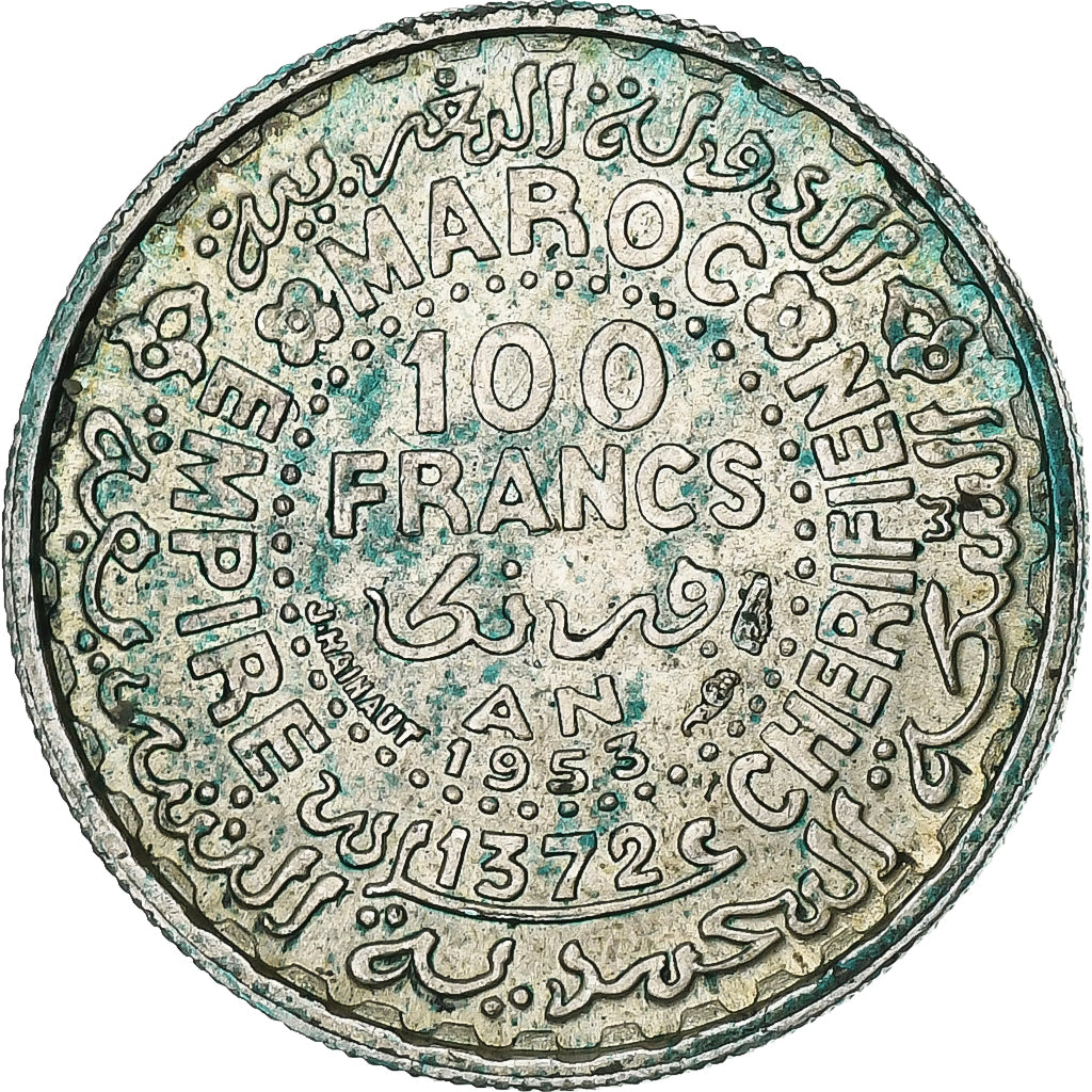 Morocco, Mohammed V, 100 Francs, 1953, Paris, Silver, AU(50-53), KM:52