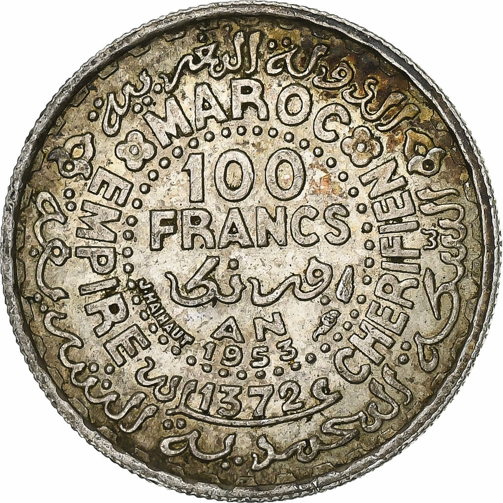 Morocco, Mohammed V, 100 Francs, 1953, Paris, Silver, EF(40-45), KM:52