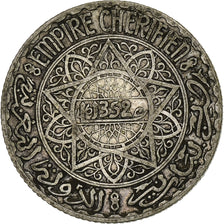 Morocco, Mohammed V, 5 Francs, AH 1352/1933, Paris, Silver, VF(30-35)
