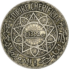 Morocco, Mohammed V, 5 Francs, AH 1352/1933, Paris, Silver, EF(40-45)