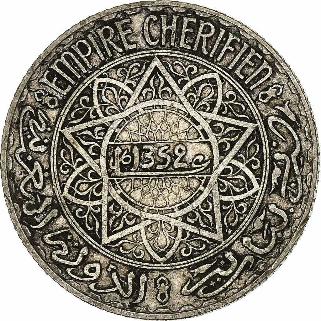 Marocco, Mohammed V, 5 Francs, AH 1352/1933, Paris, Argento, BB